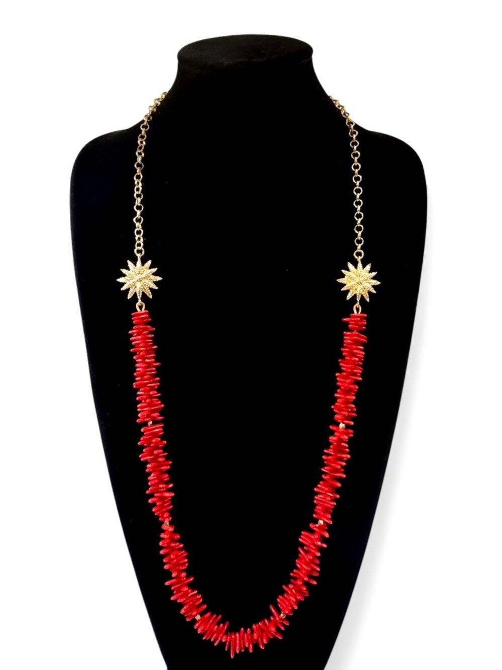 TALBOTS Gold Sea Star & Red Shell Bead Long Summer Beach Necklace | NEW